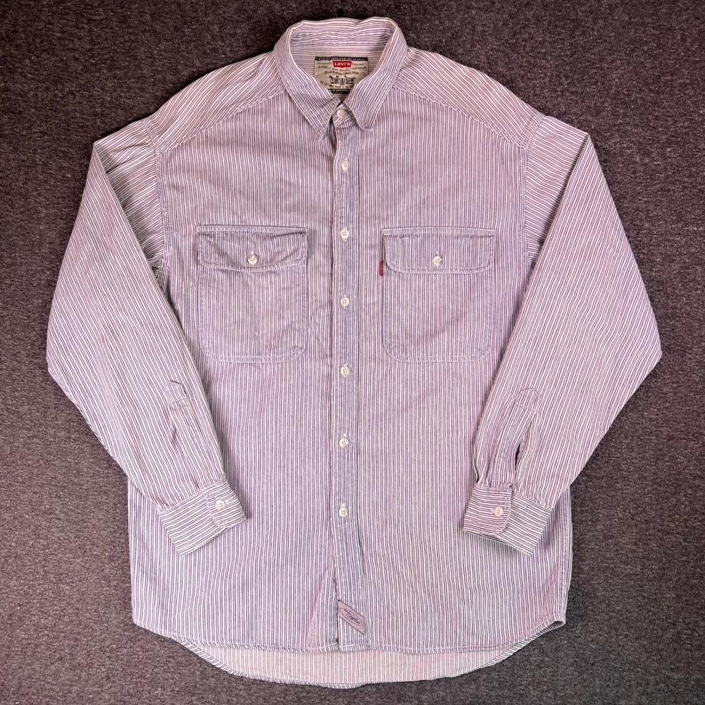 Vintage Levis Mens Striped Button Up Shirt Long Sleeve Workwear 2 Pocket Western